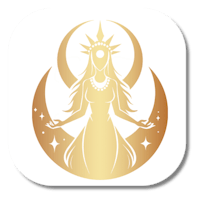 a golden icon of a woman with a moon in the background